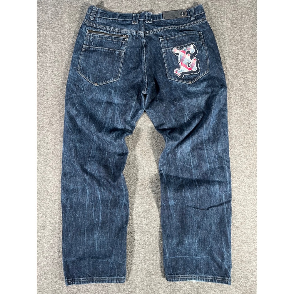 Eight732 Vintage Y2K Baggy Jeans Dark Wash Plaid Patch Hip Hop Denim 42x34